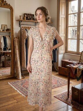 Hommage Floral Midi Dress Flutter Sleeve Size Small Cream/Soft Sage/Muted Rose